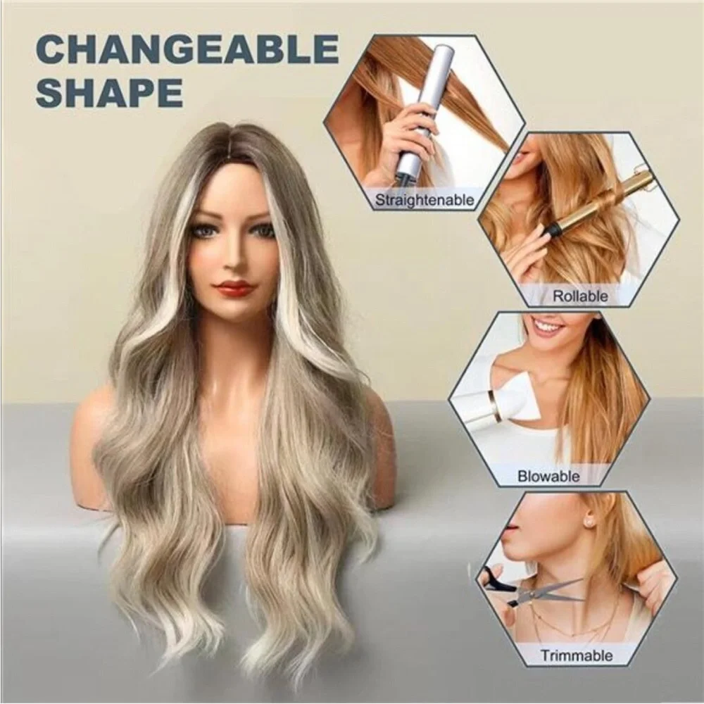 Womens Natural 24” Hair Heat Resistant Brown Ombre Ash Blonde NEW